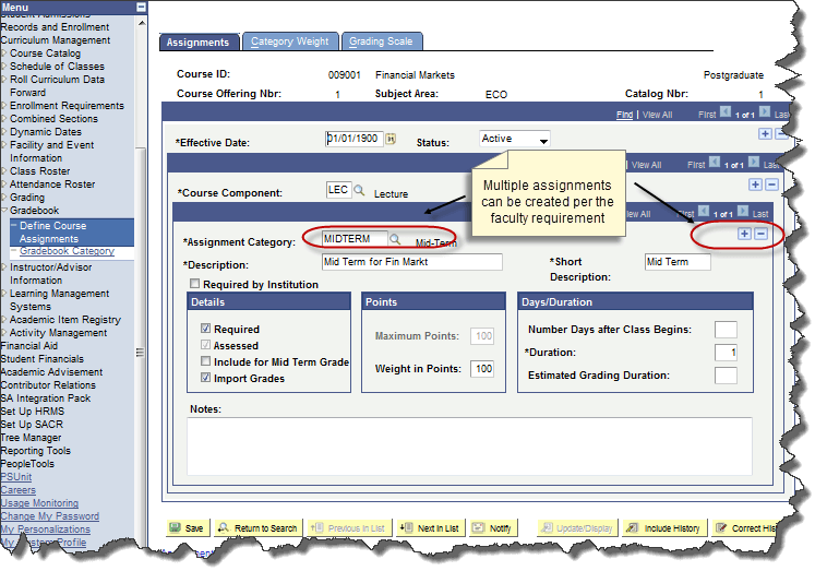 PeopleSoft campus Solutions - Assignments tab